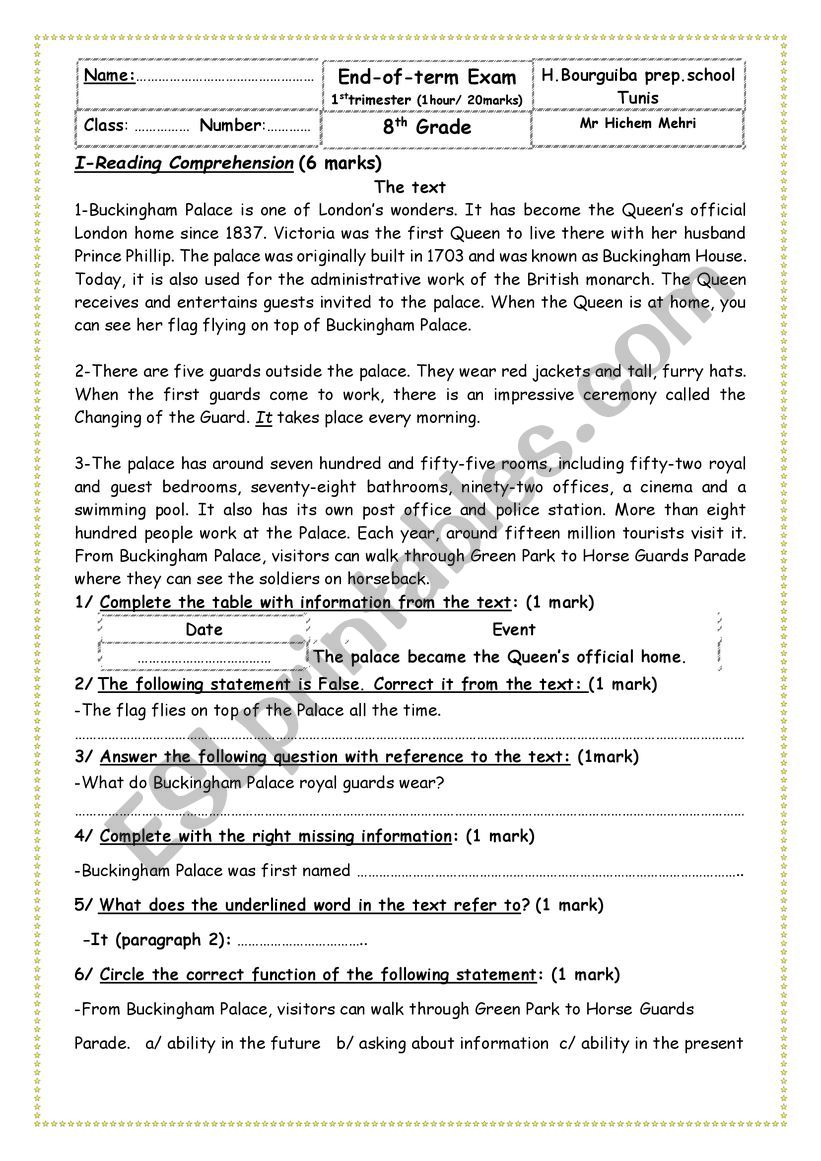 8th grade Exam n1 worksheet