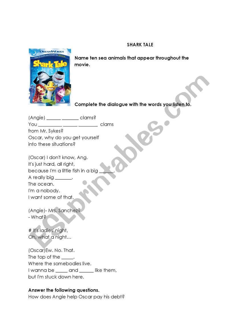 Shark Tale worksheet