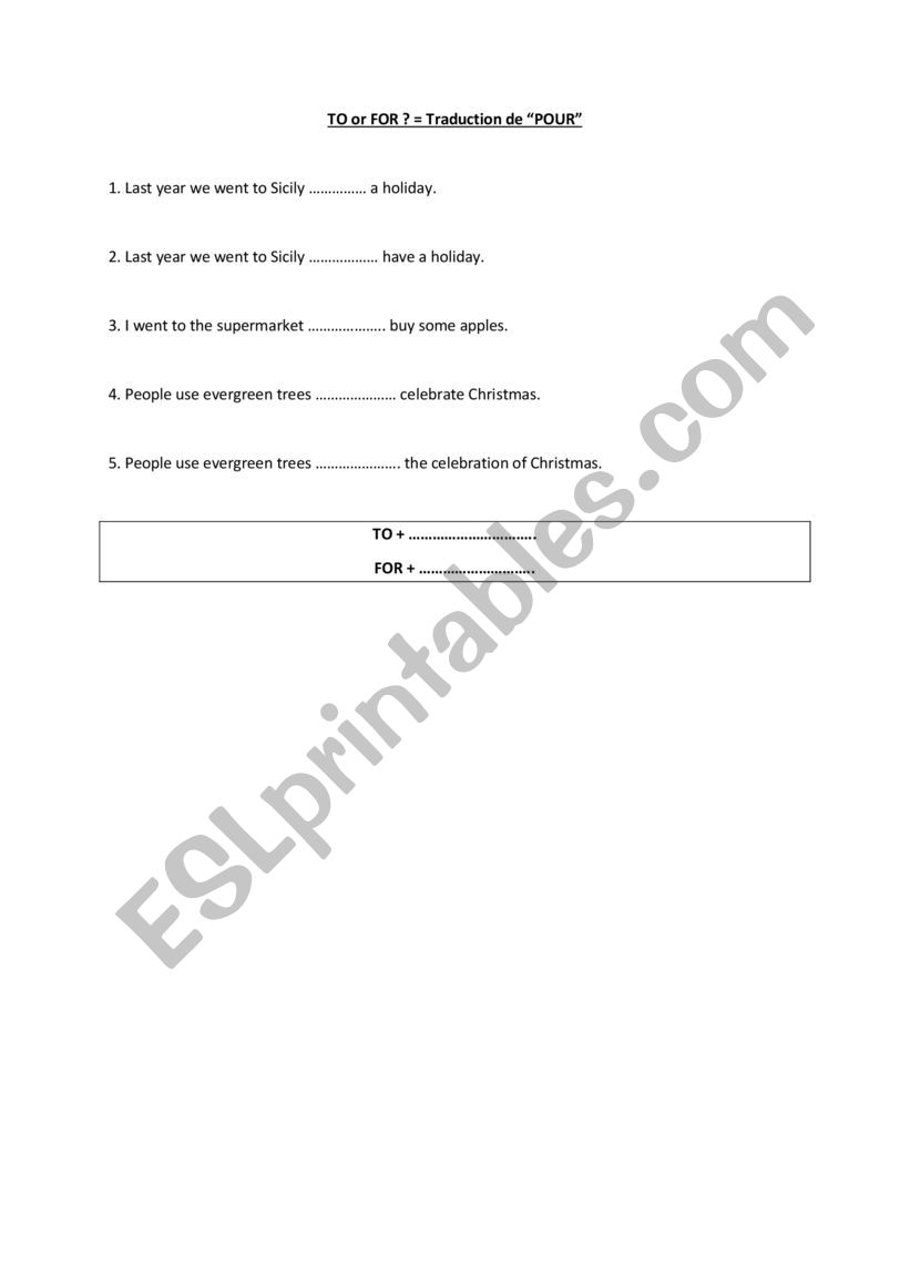 TO OR FOR worksheet