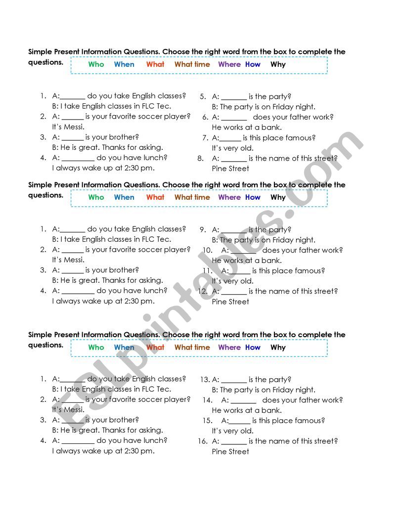 Question Words practice worksheet