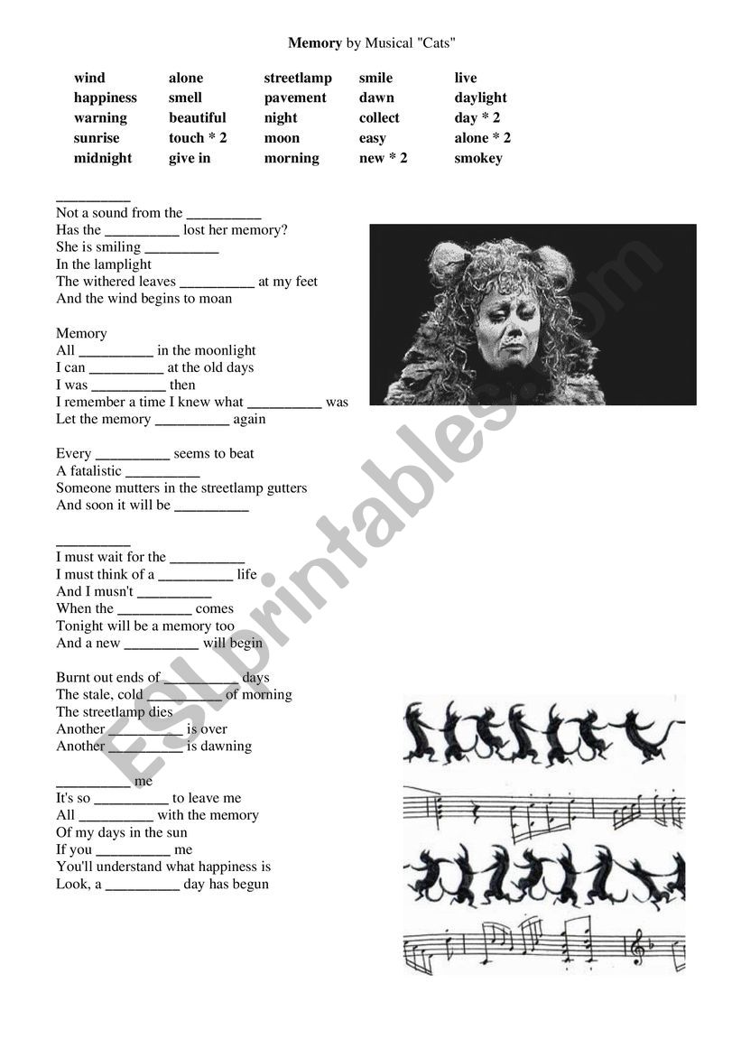 Memories song from musical Cats ESL worksheet by vixen001