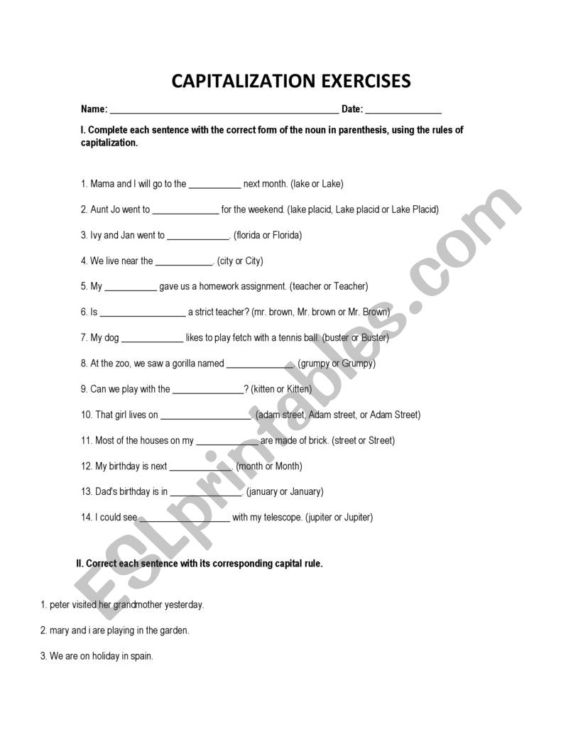 CAPITALIZATION EXERCISES worksheet