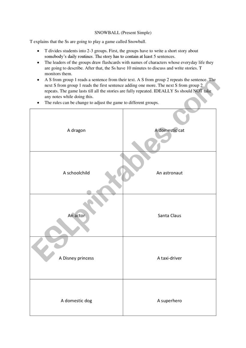 Snowball Game (Present Simple practice)