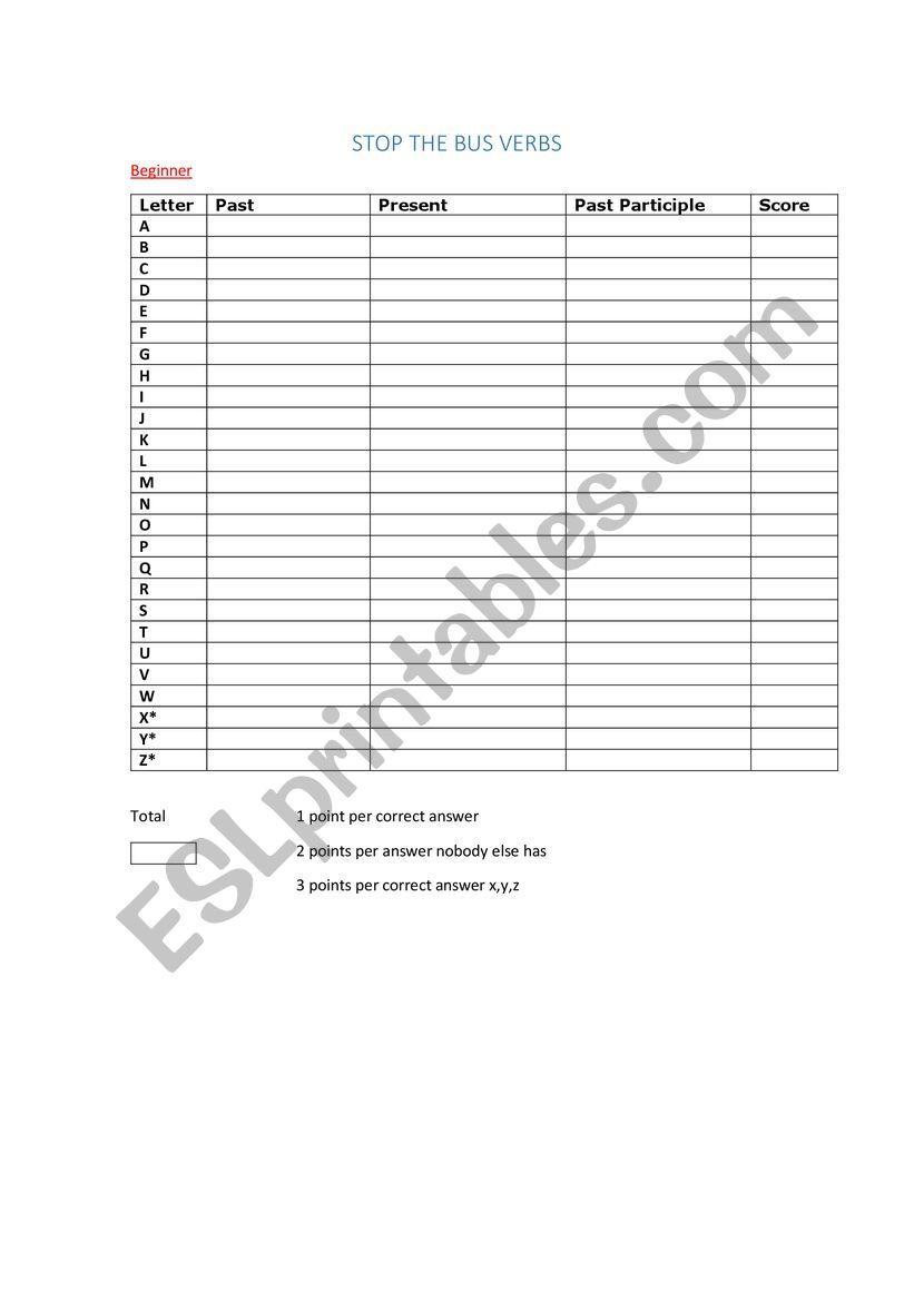 STOP THE BUS IRREGULAR VERBS worksheet