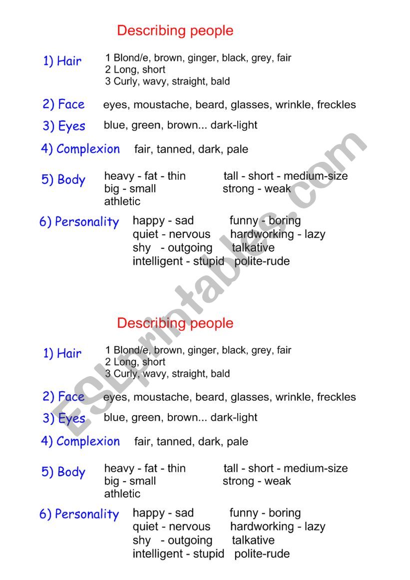 Describing people worksheet