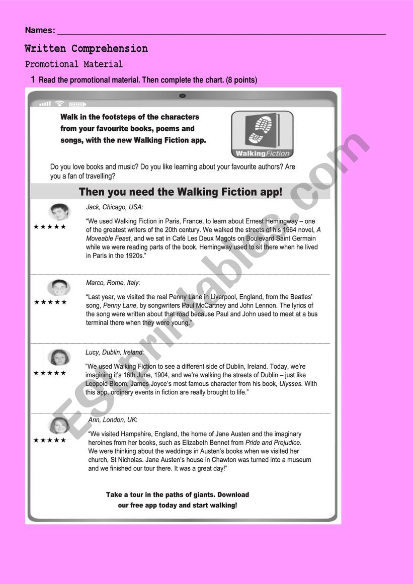 Reading activities worksheet