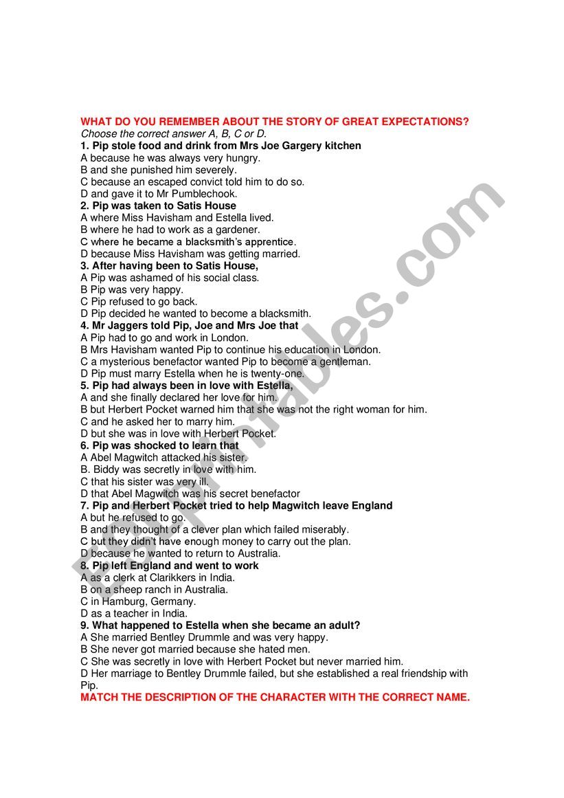 Great Expectations test worksheet