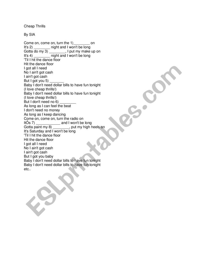 cheap thrills by SIA gap fill exercise