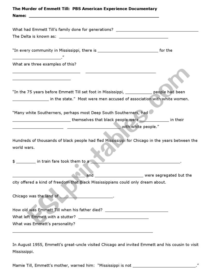 The Murder of Emmett Till - PBS American Experience Worksheet