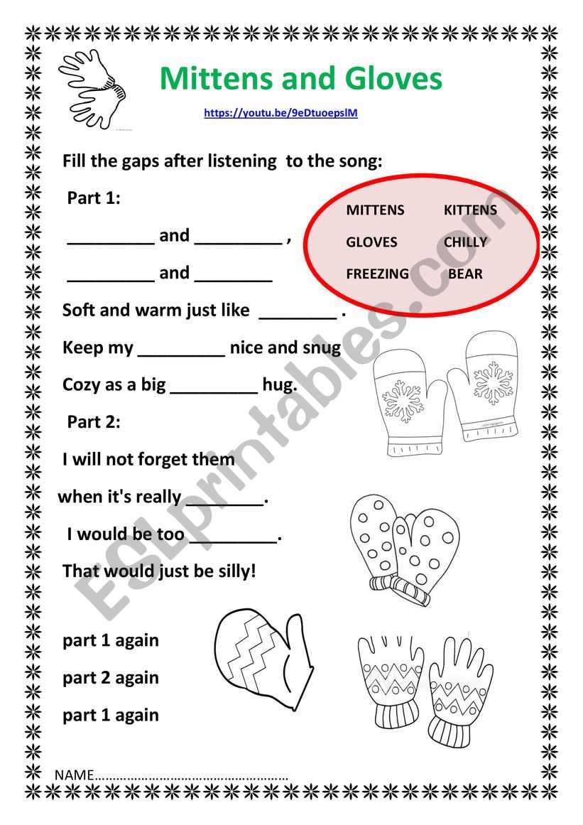 Mittens and Gloves-Song worksheet