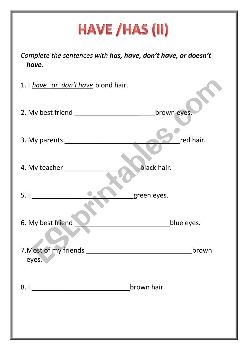 Have and has worksheet
