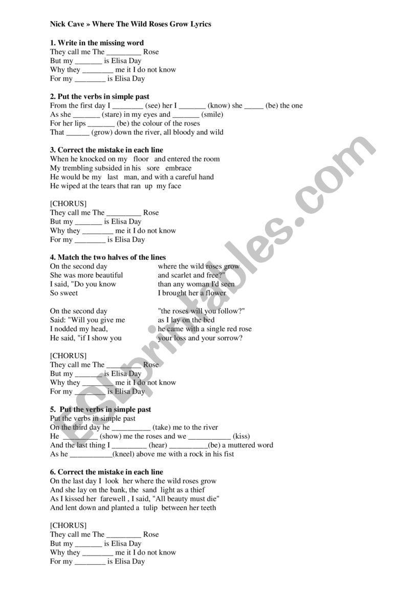 Song worksheet - Nick Cave: Where the wild roses grow