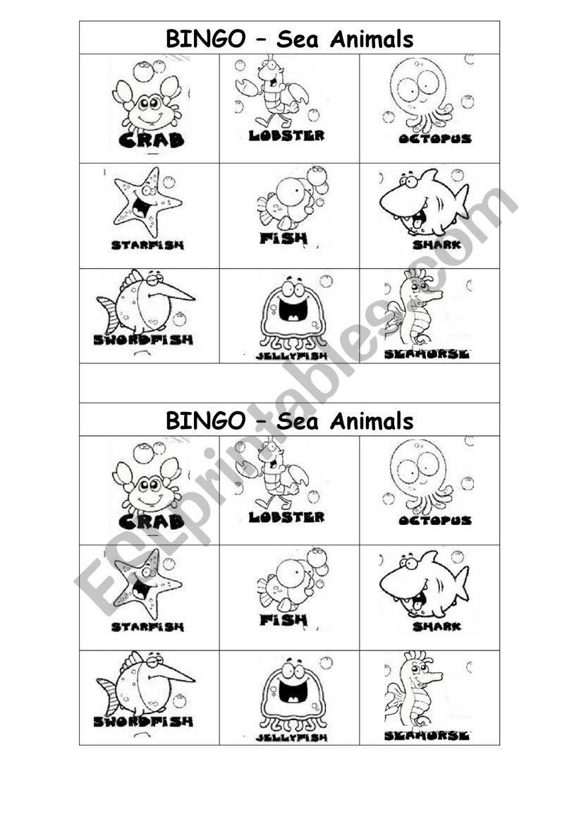 bingo sea animals worksheet