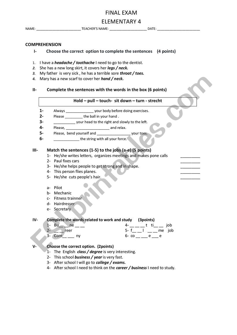 FINAL EXAM ELEMENTARY 4 worksheet