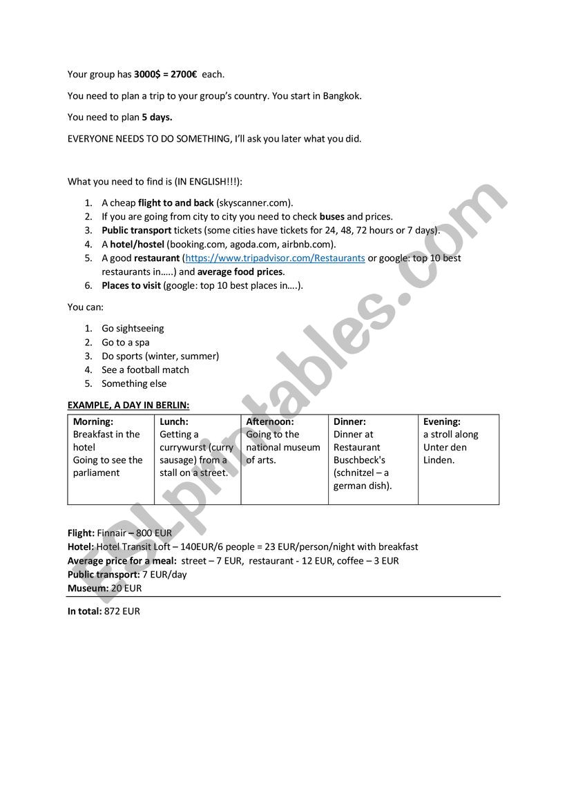 Trip planning webquest worksheet