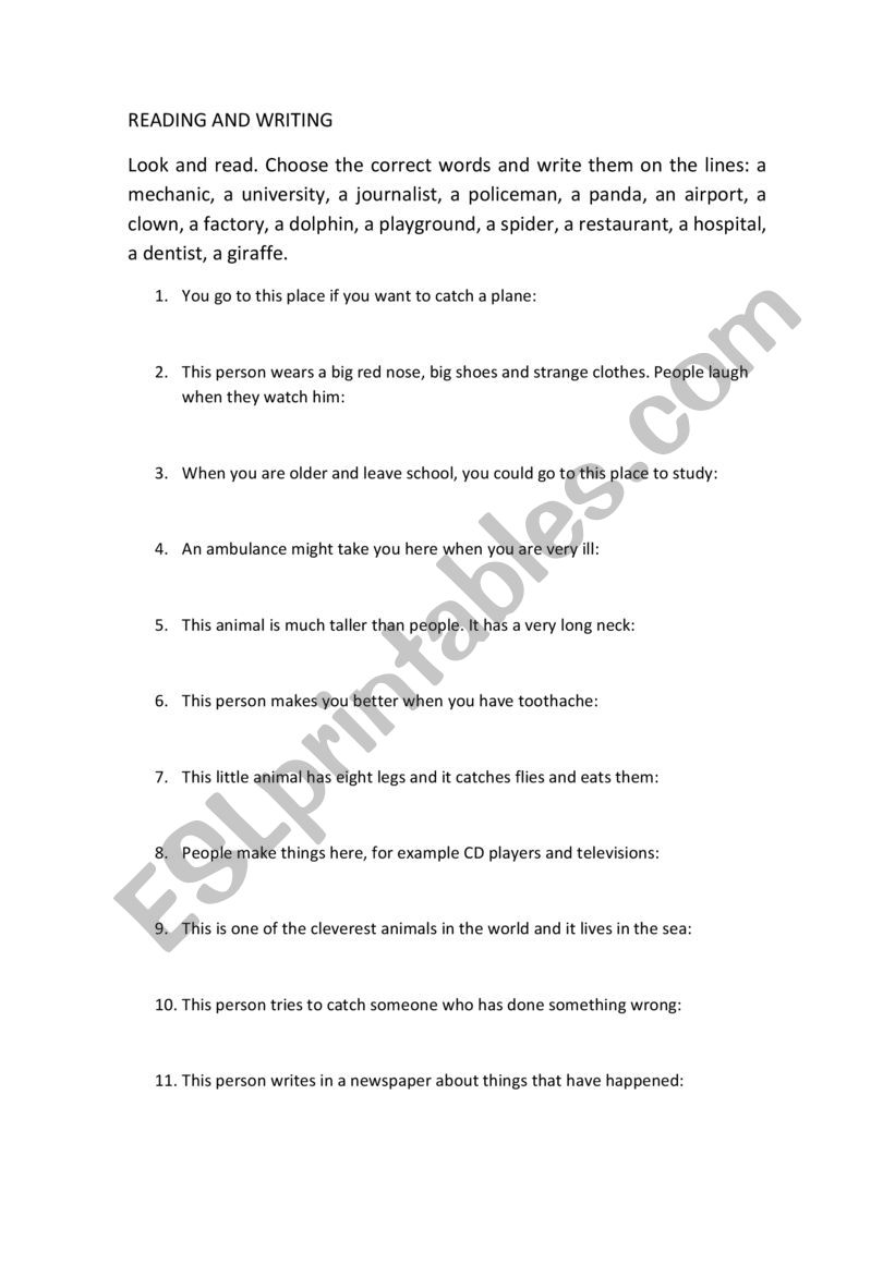 Reading and writing worksheet