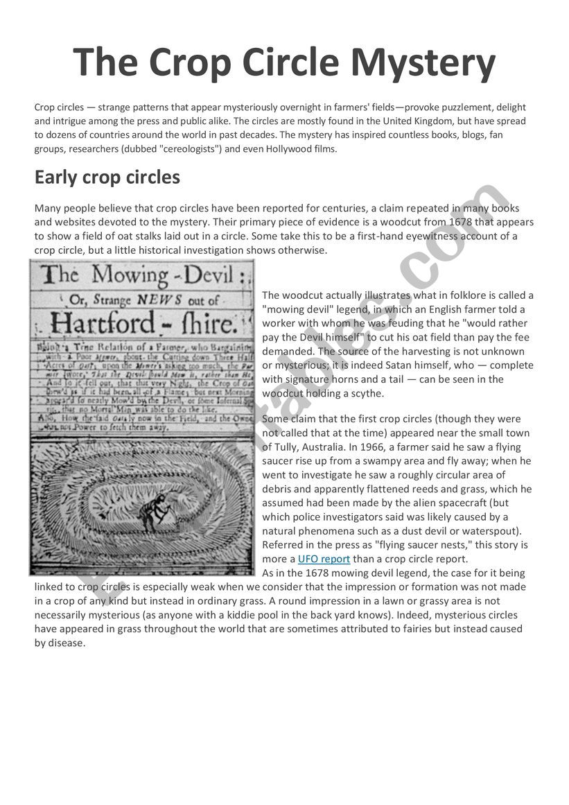 CROP CIRCLES MYSTERY worksheet