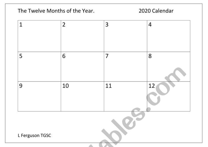 Months of the year calendar with 2020 dates to insert 