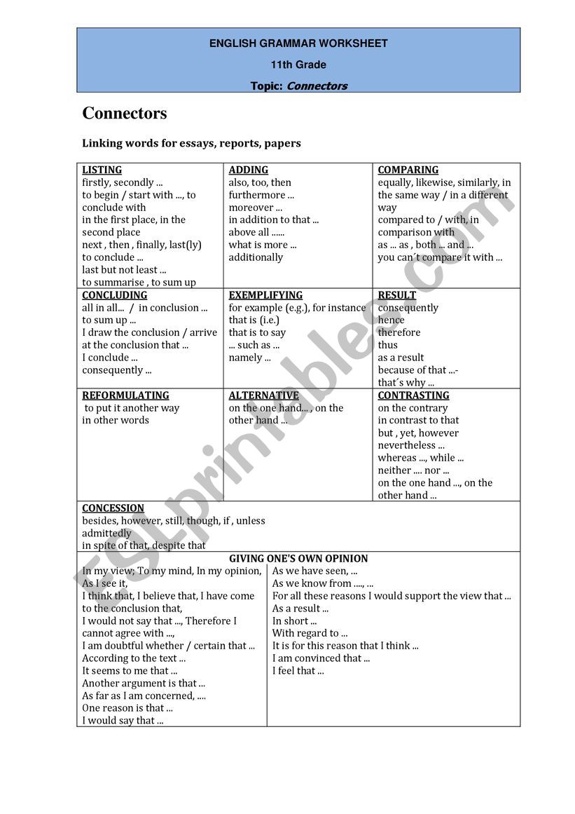 connectors worksheet