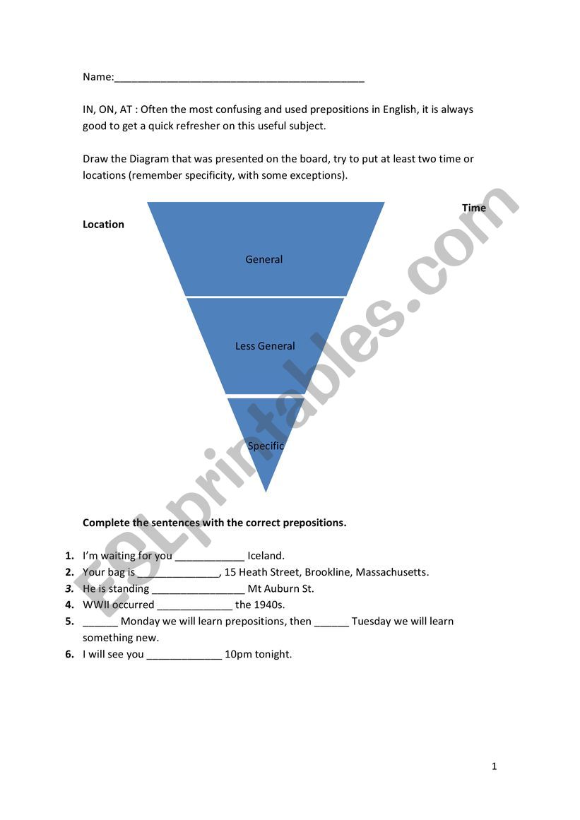 In, On, At - Follow Up worksheet