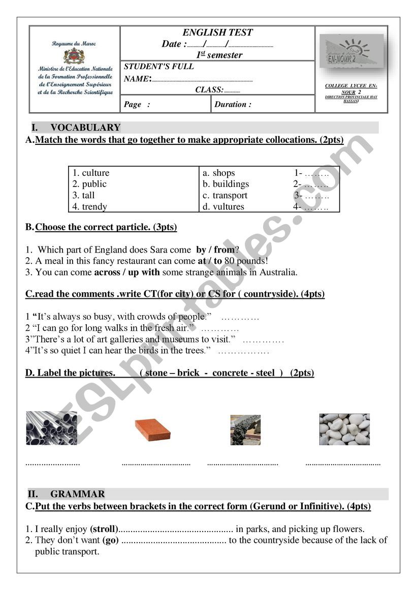 grammar and vocabulary test worksheet