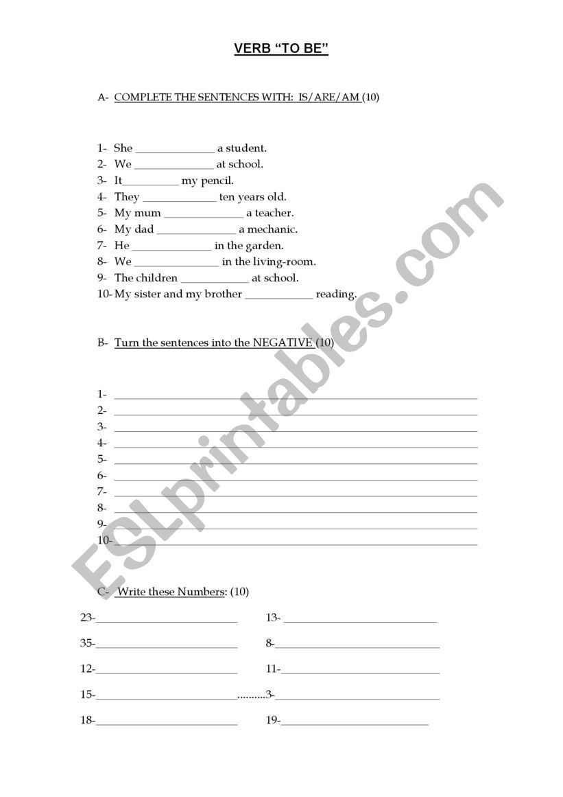 Verb to be worksheet