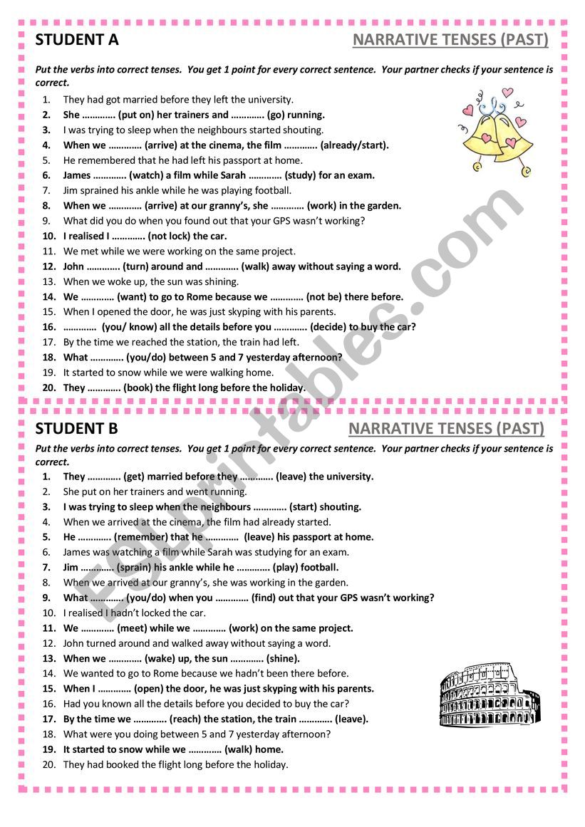 Narrative tenses - pair work worksheet