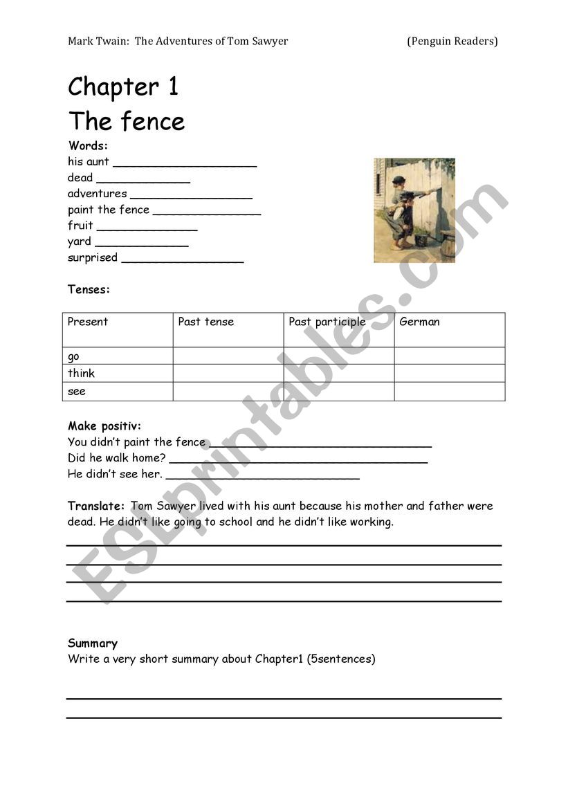 Tom Sawyer Chapter 1 worksheet