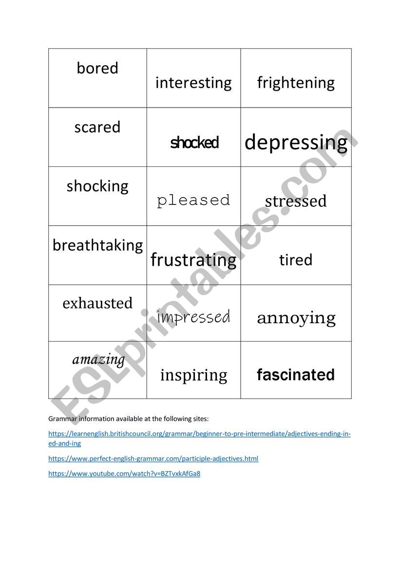 Participles used as adjectives: cards 