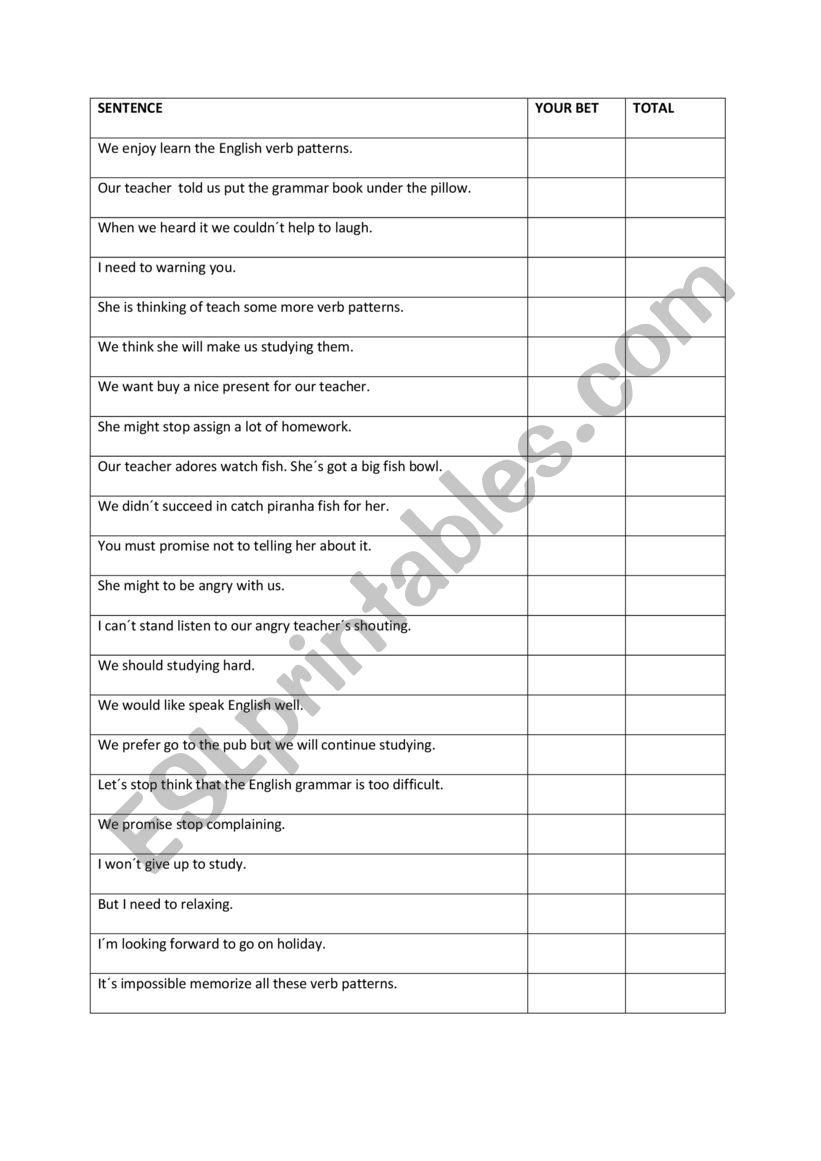 Verb patterns betting game worksheet