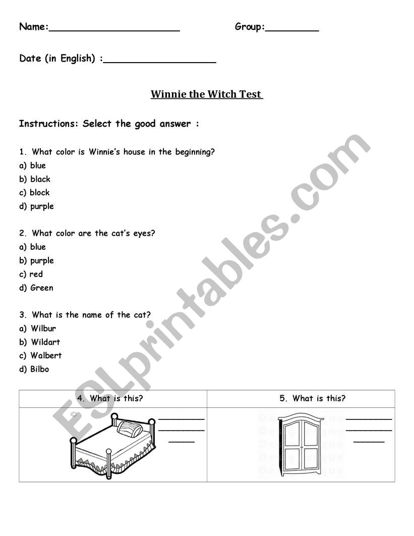 Winnie The Witch Test worksheet