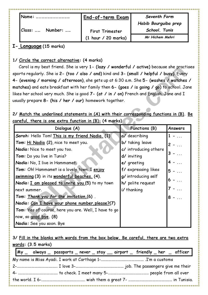 7th grade exam n1 worksheet