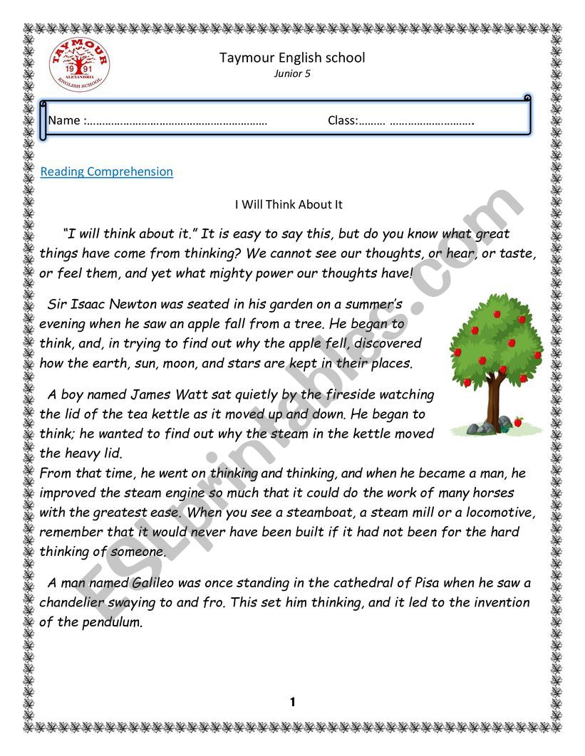 reading comprehension worksheet