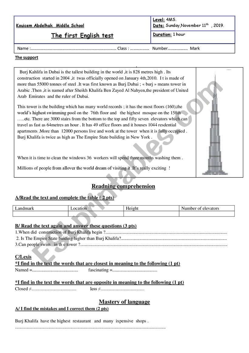 test about landmarks worksheet