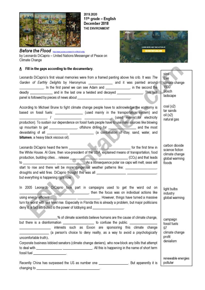 Before the Flood - National Geographic - ESL worksheet by dentinho For Before The Flood Worksheet