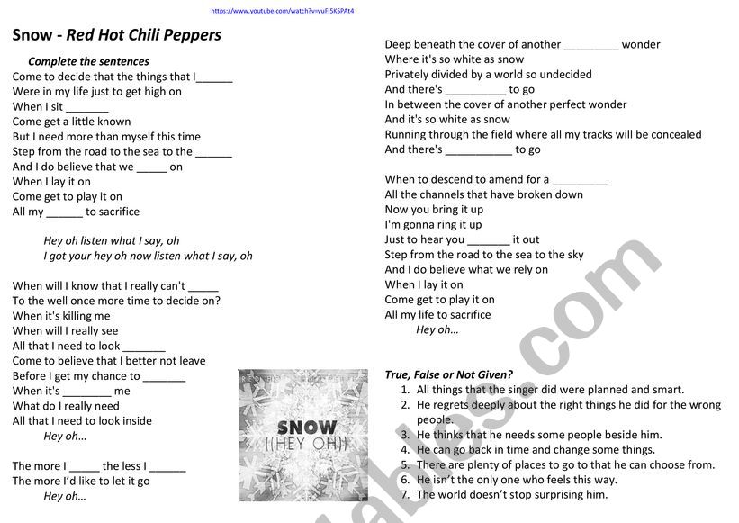 Snow - Red Hot Chilli Peppers worksheet
