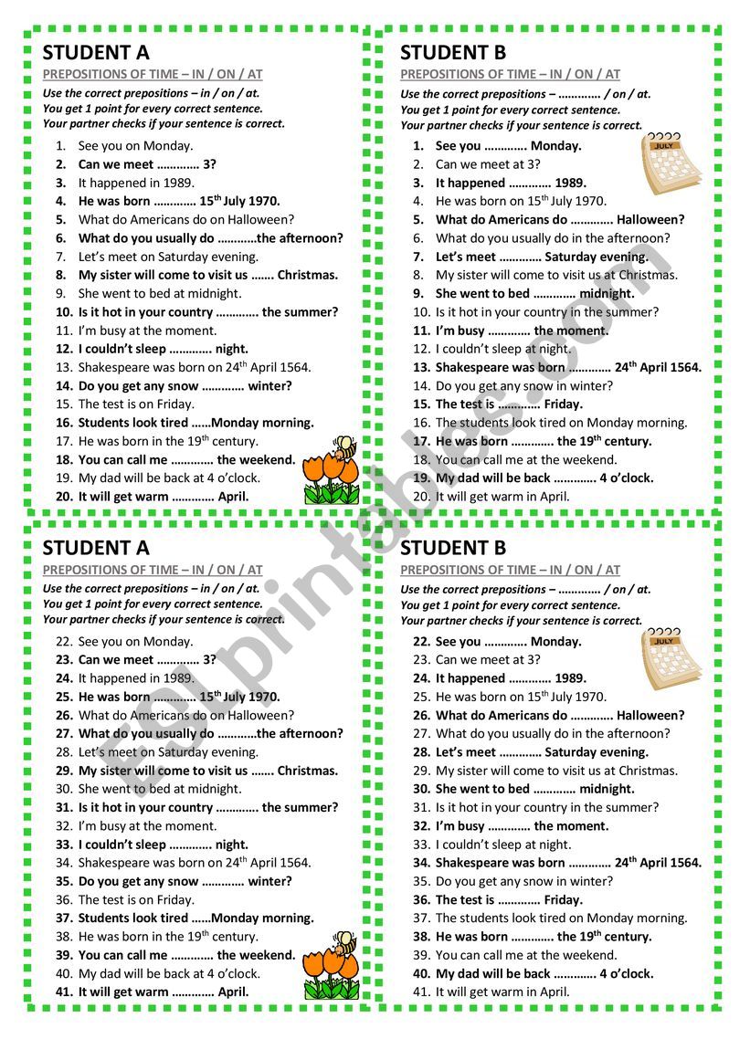 Prepositions of time (in, on, at) - pair work