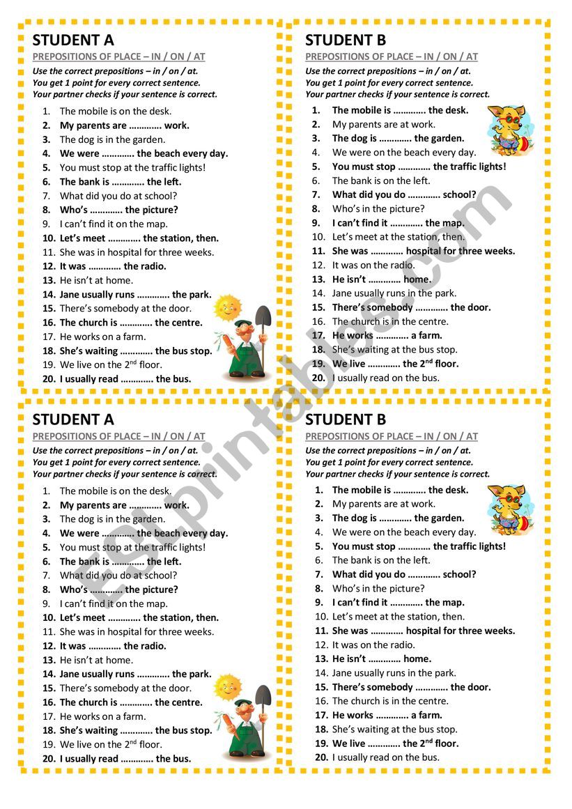 Prepositions of place (in, on, at) - pair work