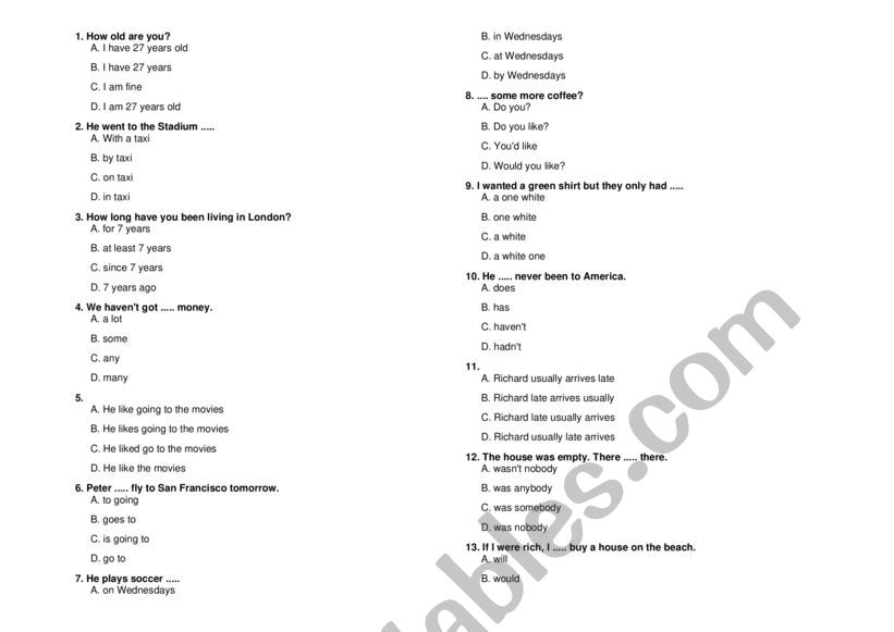 Multiple Choice INTERMEDIATE Grammar Test WITH KEY