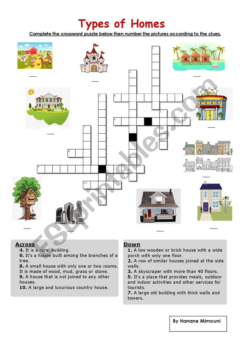 Types Of Homes Crossword Puzzle Esl Worksheet By Hananemim