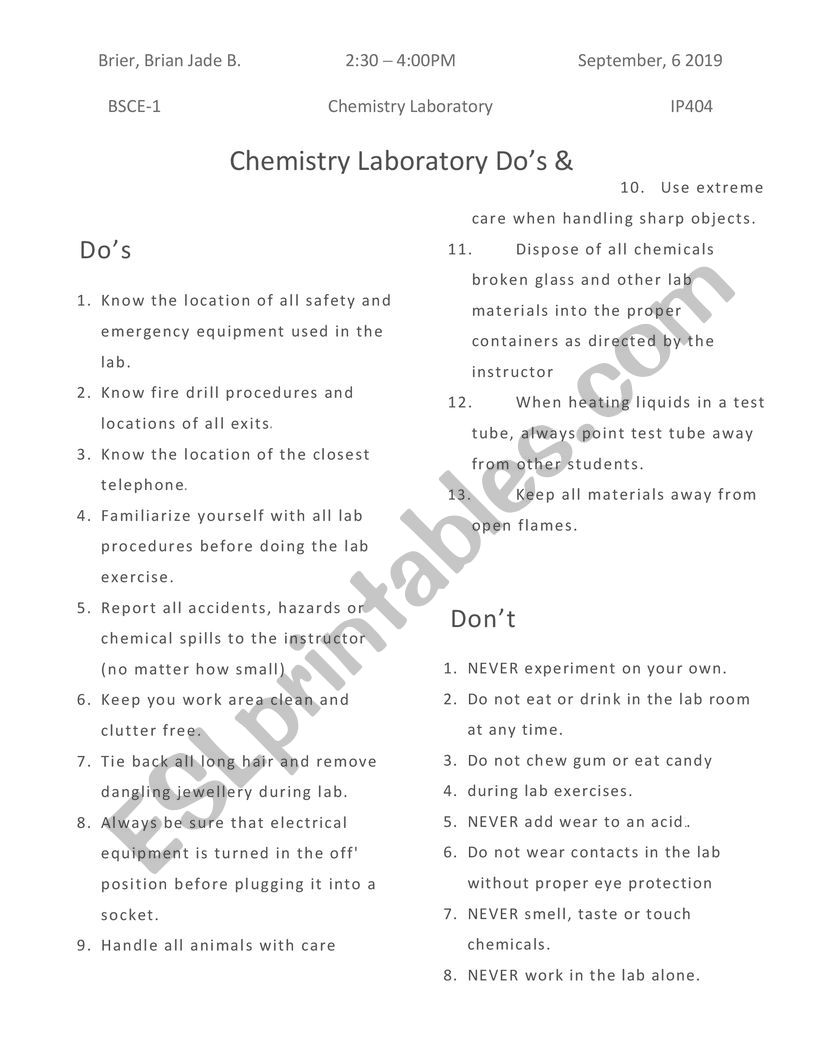 Chemistry Laboratory Dos and Donts