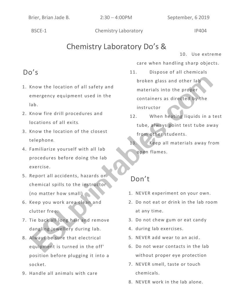 Chemistry Laboratory DoÂ´s and DonÂ´ts