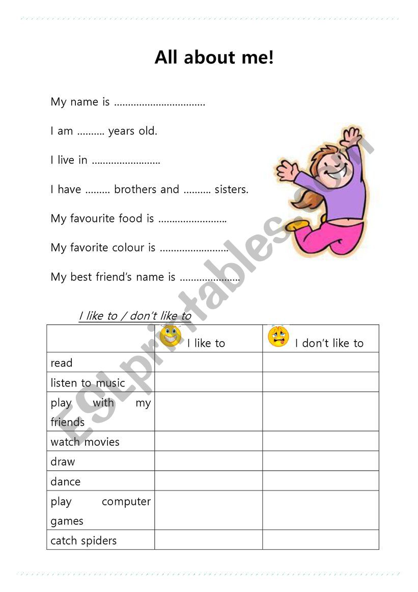 All About Me worksheet