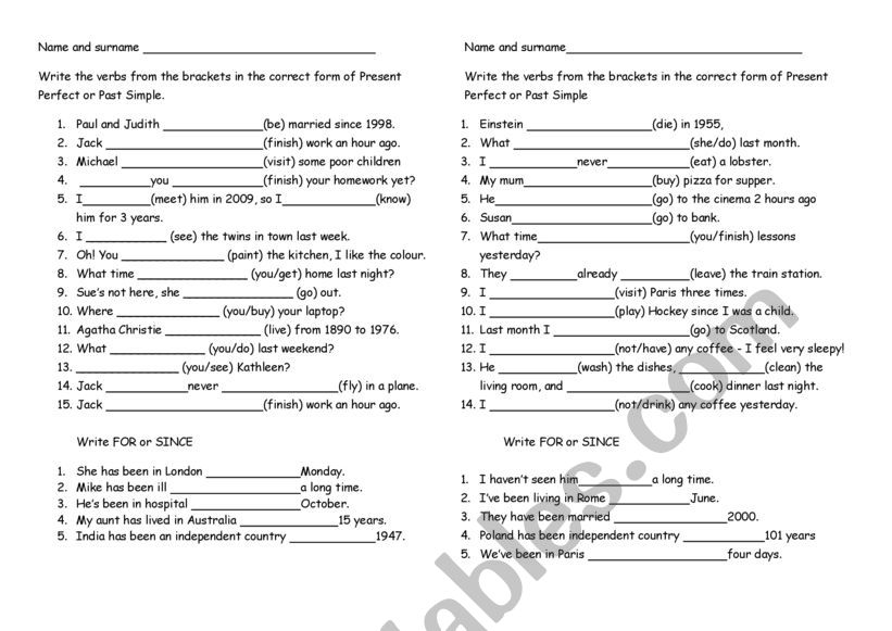Present Perfect vs Past Simple quiz for and since