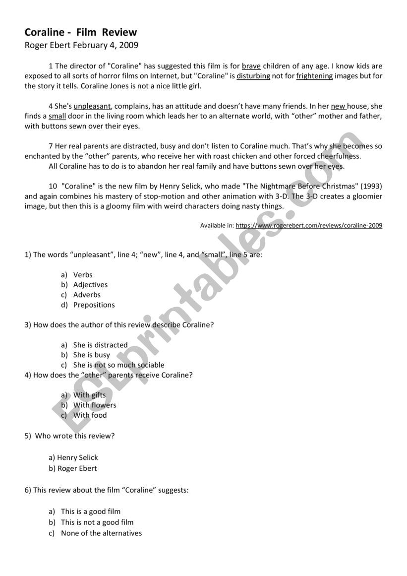 Coraline Film Review worksheet