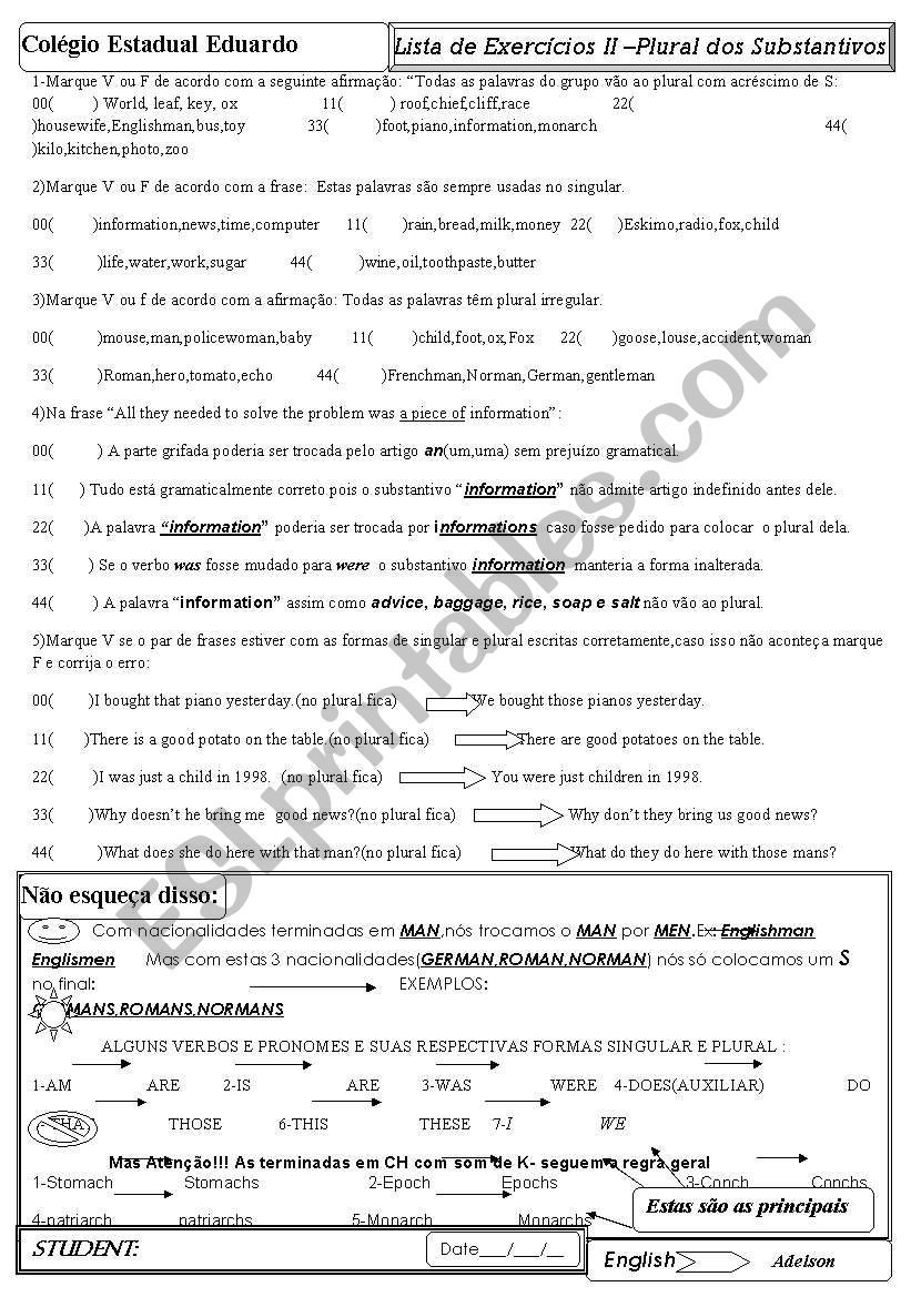 Plural of nouns worksheet