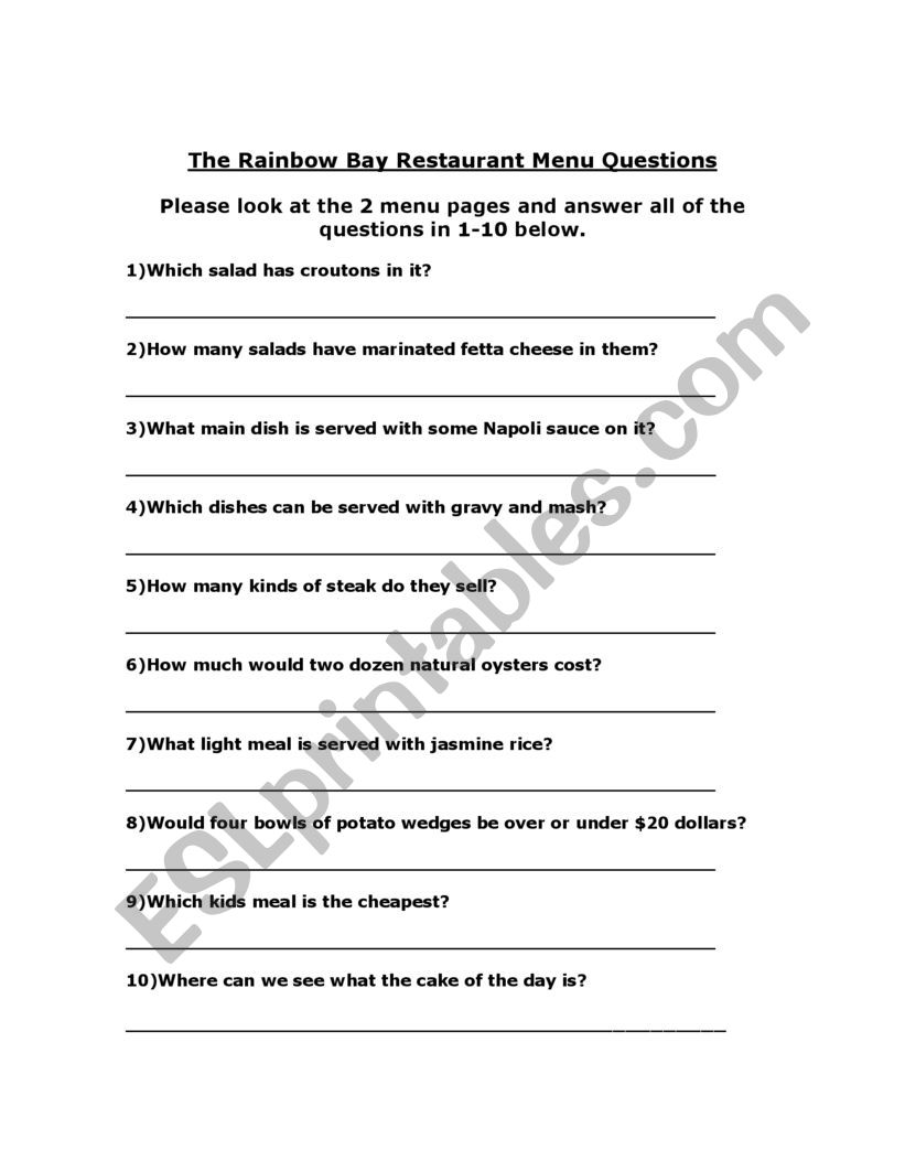  Part 1 Restaurant Questions And Answer Key To Be Used Wth The Menu Document In Part 2