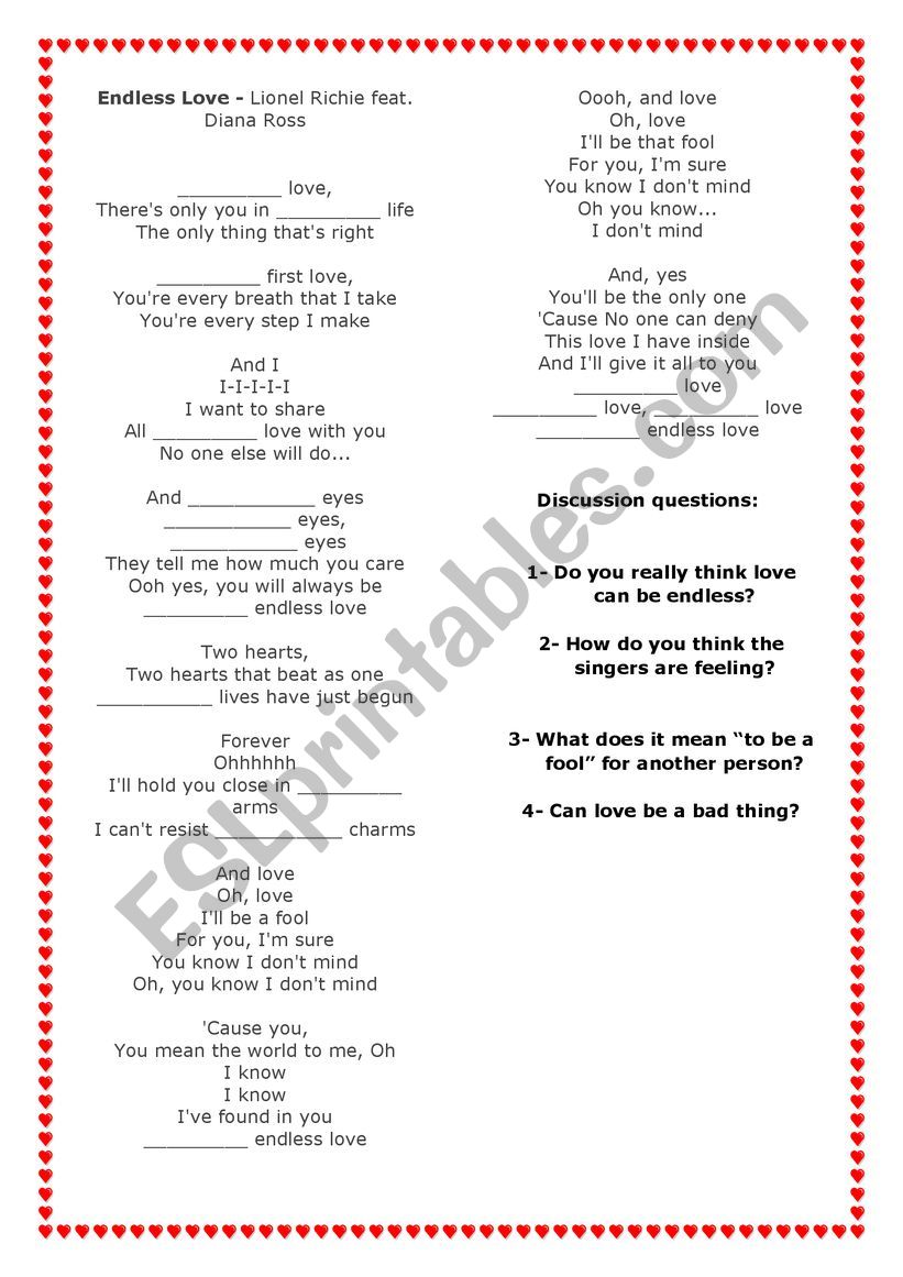 Endless Love Lionel Richie And Diana Ross Esl Worksheet By Vancsbueno
