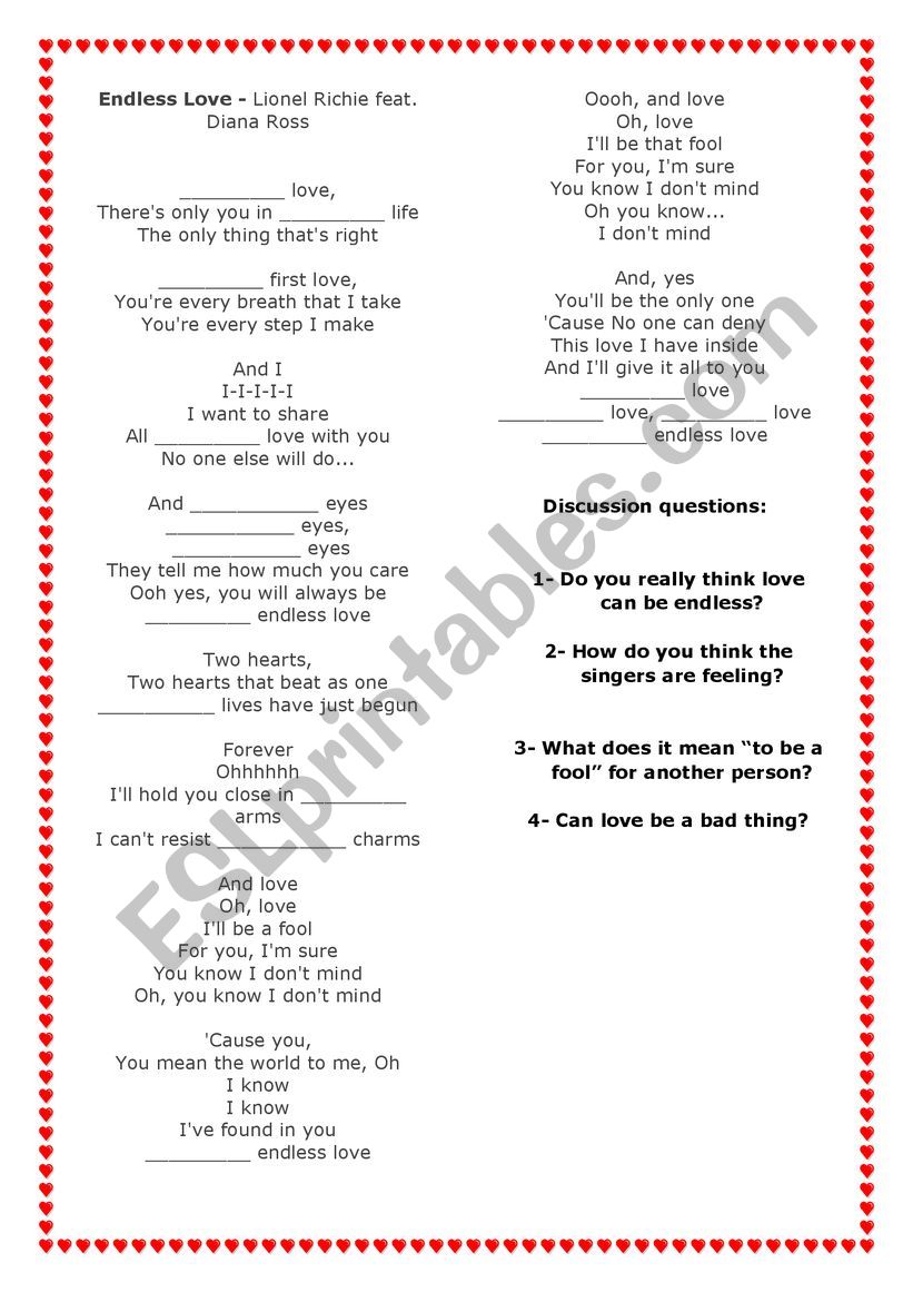 English worksheets: Endless Love (Lionel Ritchie and Diana Ross)