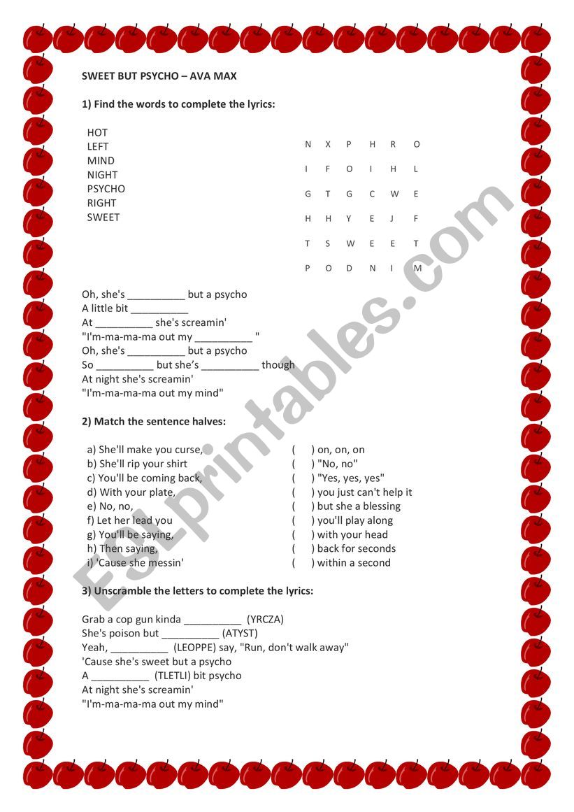 Sweet but psycho song worksheet